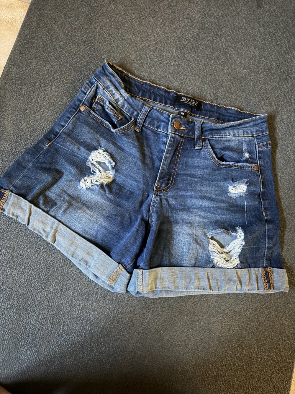 Judy Blue Medium Dark Blue Distressed Rolled Cuff Denim Shorts